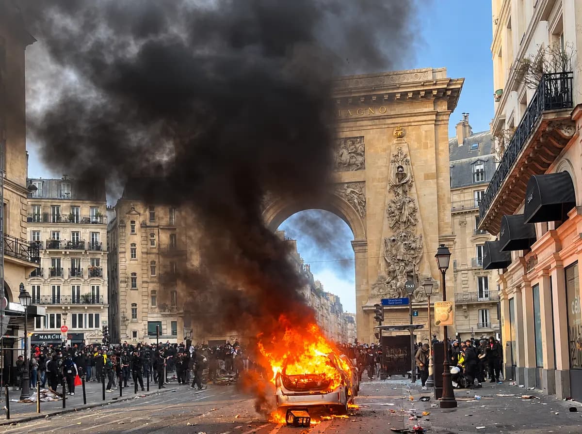 <em>Un coche arde bajo el monumento de Porte Saint-Denis mientras una densa columna de humo negro se eleva sobre la multitud de manifestantes durante las violentas protestas de extrema izquierda en París el 17 de octubre de 2026. (Etienne Fauchaire/The Epoch Times).</em>