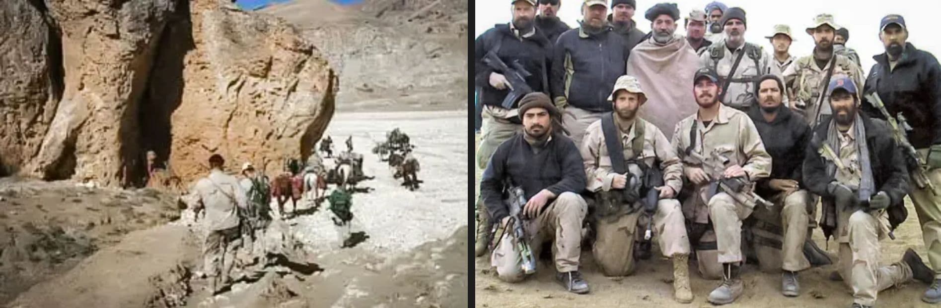 (En el sentido de las agujas del reloj desde la parte superior izquierda) Miembros del Equipo Alpha de la CIA, incluido el boina verde del Ejército de EE. UU. Justin Sapp (delante a la derecha), se encuentran frente a un helicóptero Black Hawk del Ejército de EE. UU. en la base aérea de Karshi-Khanabad, Uzbekistán, el 16 de octubre de 2001, antes de partir hacia un lugar de aterrizaje en el valle de Darya Suf en Afganistán. Un mecánico de vuelo de la CIA pinta el número de cola 91101, para conmemorar los ataques del 11 de septiembre, en un helicóptero Mi-17 modificado por la CIA que transportó al primer equipo de oficiales y operadores de inteligencia estadounidenses a Afganistán, en septiembre de 2011. Soldados de las Fuerzas Especiales del Ejército de EE. UU. del Destacamento Operacional Alpha 574 posan con el futuro presidente afgano Hamid Karzai (detrás, quinto por la izquierda) en Afganistán a finales de 2001. Soldados a caballo del 5.º Grupo de Fuerzas Especiales atraviesan una región montañosa en el norte de Afganistán durante la Operación Libertad Duradera, en esta foto sin fecha. (Cortesía del coronel retirado Justin Sapp, de la Agencia Central de Inteligencia de EE. UU., Ejército de EE. UU.).
