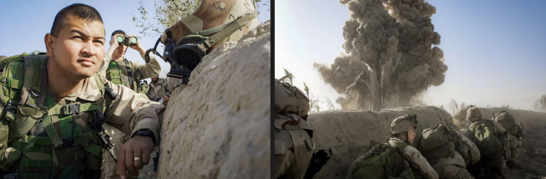 (En el sentido de las agujas del reloj desde la parte superior izquierda) Soldados estadounidenses se preparan para luchar contra las fuerzas talibanes en Qala-i-Jangi, una fortaleza cerca de Mazar-i-Sharif, en el norte de Afganistán, el 26 de noviembre de 2001. Qala-i-Jangi se utilizaba como centro de detención para combatientes extranjeros vinculados a Al Qaeda que se rendían. Los combates se produjeron después que varios cientos de prisioneros capturaran parte de la fortaleza, soldados de la alianza del norte antitalebán preparan munición en un tanque T-55 de diseño soviético. Soldados estadounidenses se unieron a ellos mientras irrumpían en Qala-i-Jangi; soldados estadounidenses se refugian durante una explosión cerca de Mazar-i-Sharif; soldados estadounidenses se preparan para luchar contra las fuerzas talibanes en la fortaleza cerca de Mazar-i-Sharif. (Oleg Nikishin/Getty Images).