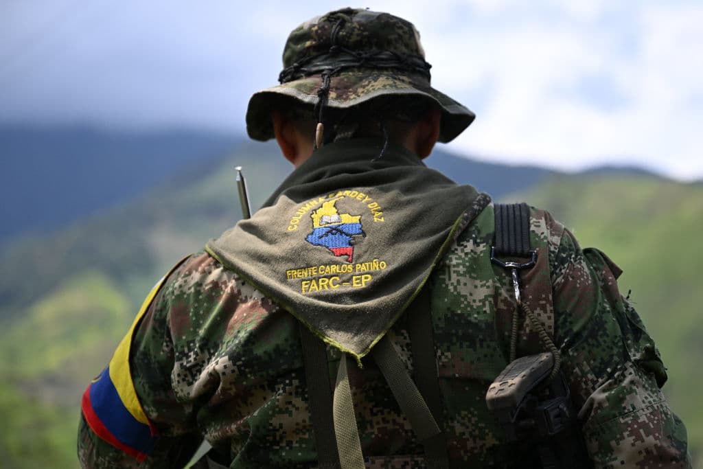 Un miembro del frente "Carlos Patiño", perteneciente a una facción disidente de la guerrilla de las FARC, patrulla junto a cultivos de coca en el cañón del Micay, una zona montañosa que constituye un bastión del Estado Mayor Central (EMC) en el departamento del Cauca, en el suroeste de Colombia, el 24 de marzo de 2024. (Raul Arboleda/AFP vía Getty Images)