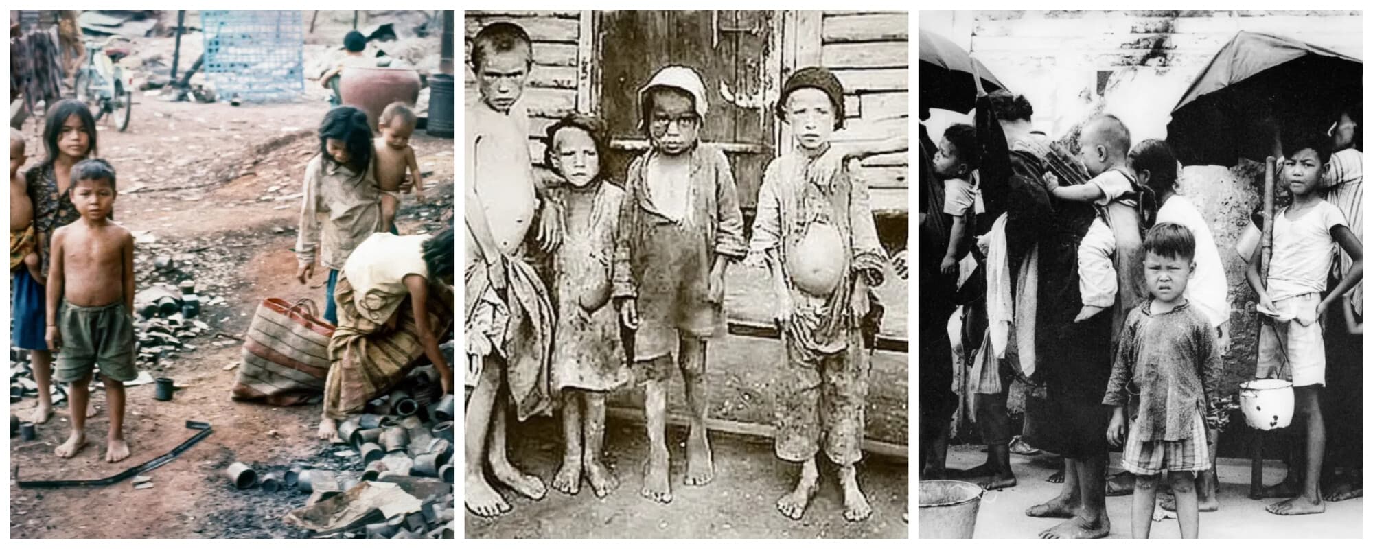 (Izquierda) Niños camboyanos rebuscan entre las ruinas que dejó un ataque de los insurgentes del Khmer Rouge contra un asentamiento precario en las afueras de Phnom Penh, Camboya, en febrero de 1974. El hambre seguiría siendo una forma de vida para estos niños: la hambruna cobraría la vida de hasta 1.5 millones de personas en Camboya después de que el Khmer Rouge tomara el control. (Centro) Niños rusos muestran los estragos de la desnutrición en el centro-oeste de Rusia, en 1921. Se estima que la hambruna rusa de 1921-1922 causó la muerte de 5 millones de personas. Una década más tarde, la hambruna soviética de 1932-1933 provocaría la muerte de hasta 10.8 millones de personas. (Derecha) Refugiados chinos esperan una comida en Hong Kong en mayo de 1962. Durante la hambruna provocada por el "Gran Salto Adelante" de Mao Zedong, hasta 200,000 chinos hambrientos huyeron a Hong Kong, bajo dominio británico. (Carl D. Robinson/AP Photo/Archivo, dominio público, foto de AFP vía Getty Images)