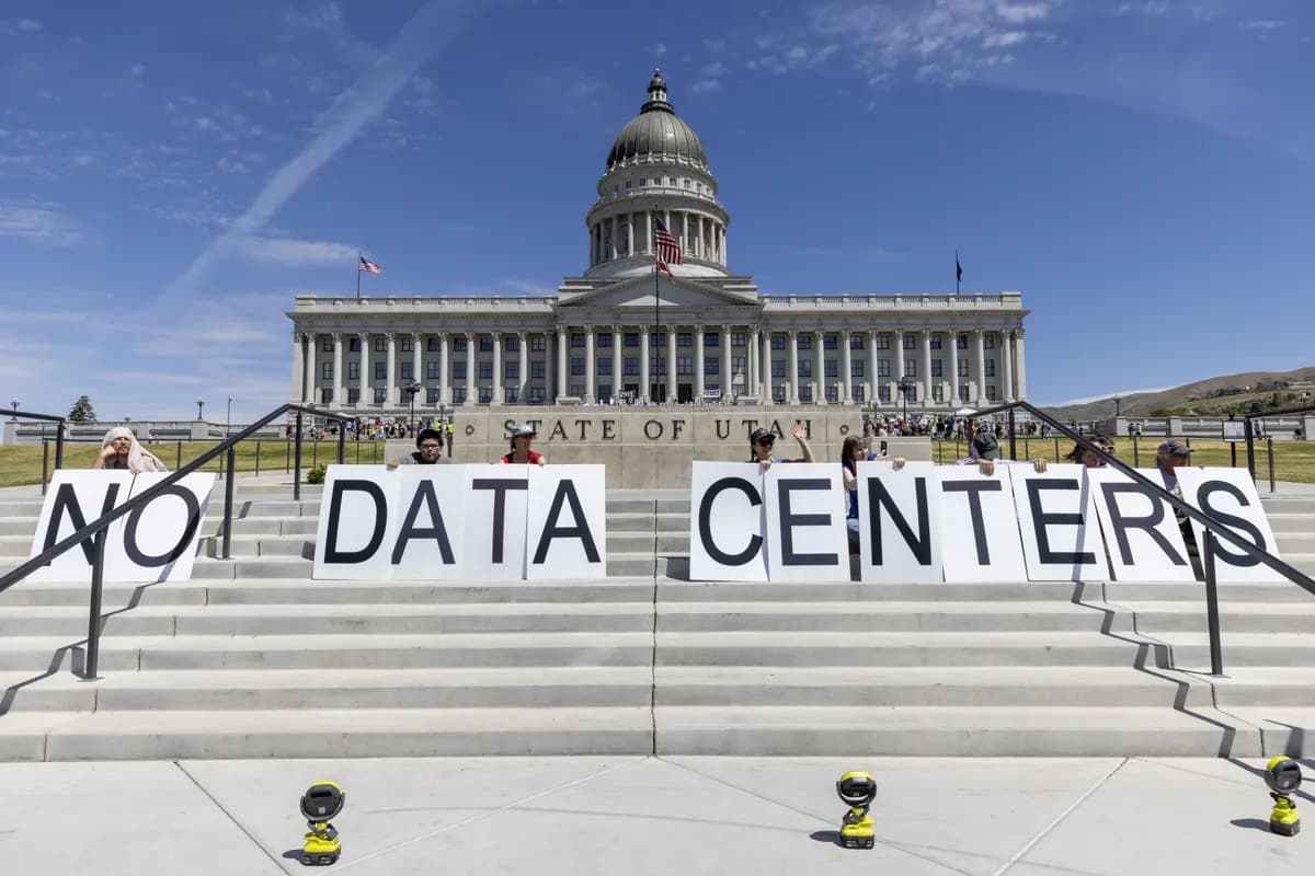 Manifestantes protestan contra la construcción del centro de datos Stratos en el condado de Box Elder, en Utah, durante una manifestación en el Capitolio estatal de Salt Lake City el 23 de mayo de 2026. (Natalie Behring/Getty Images).