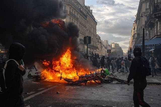 Un incendio arde en una calle durante las manifestaciones del 17 de octubre de 2026 en París, Francia. (Carl Court/Getty Images)