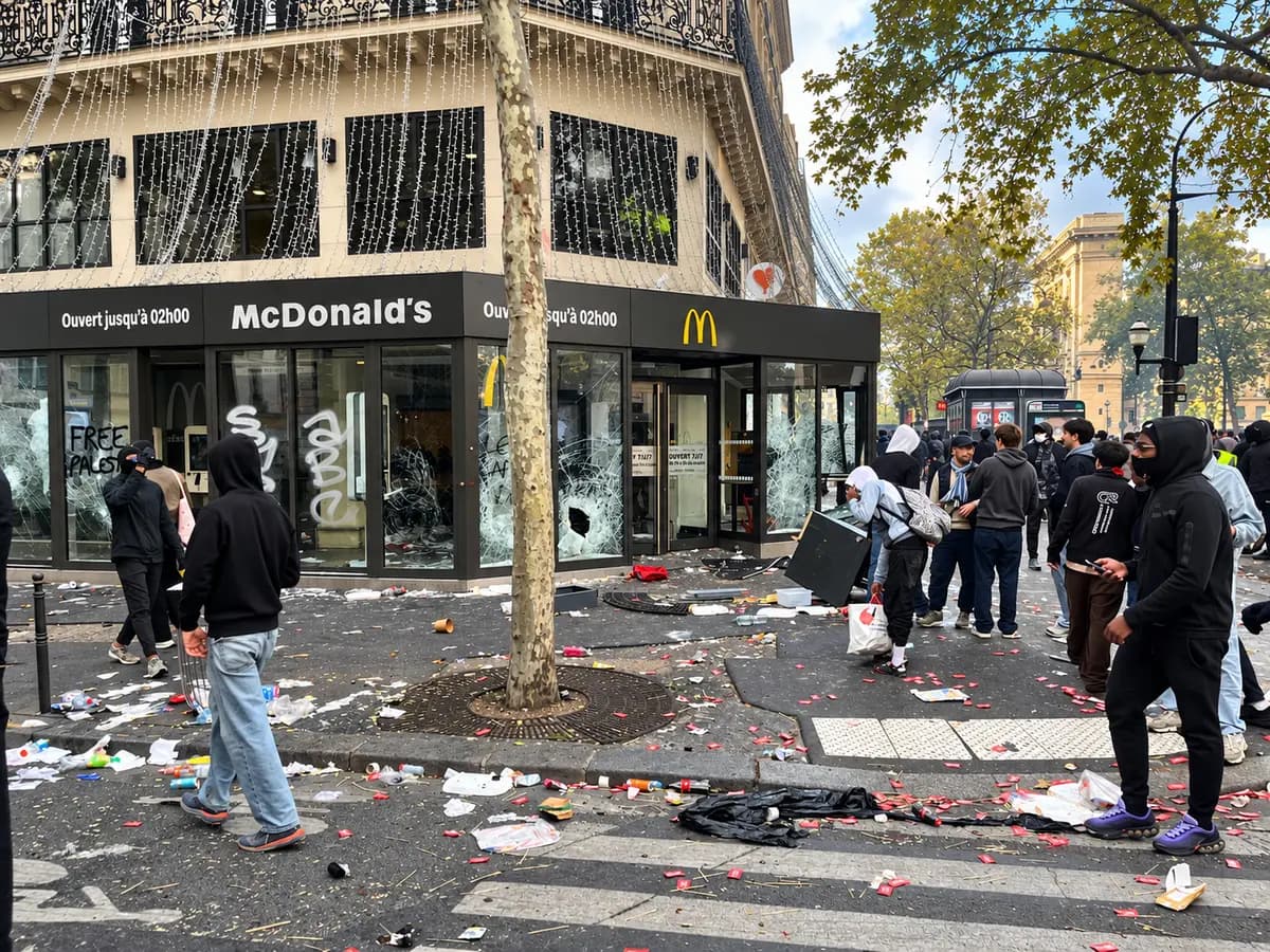 Un McDonald's con ventanas destrozadas y grafitis de "Palestina Libre" se ven entre los escombros cerca de la Plaza de la República en París, tras los saqueos ocurridos durante las violentas protestas de extrema izquierda el 17 de octubre de 2026. (Etienne Fauchaire/The Epoch Times)