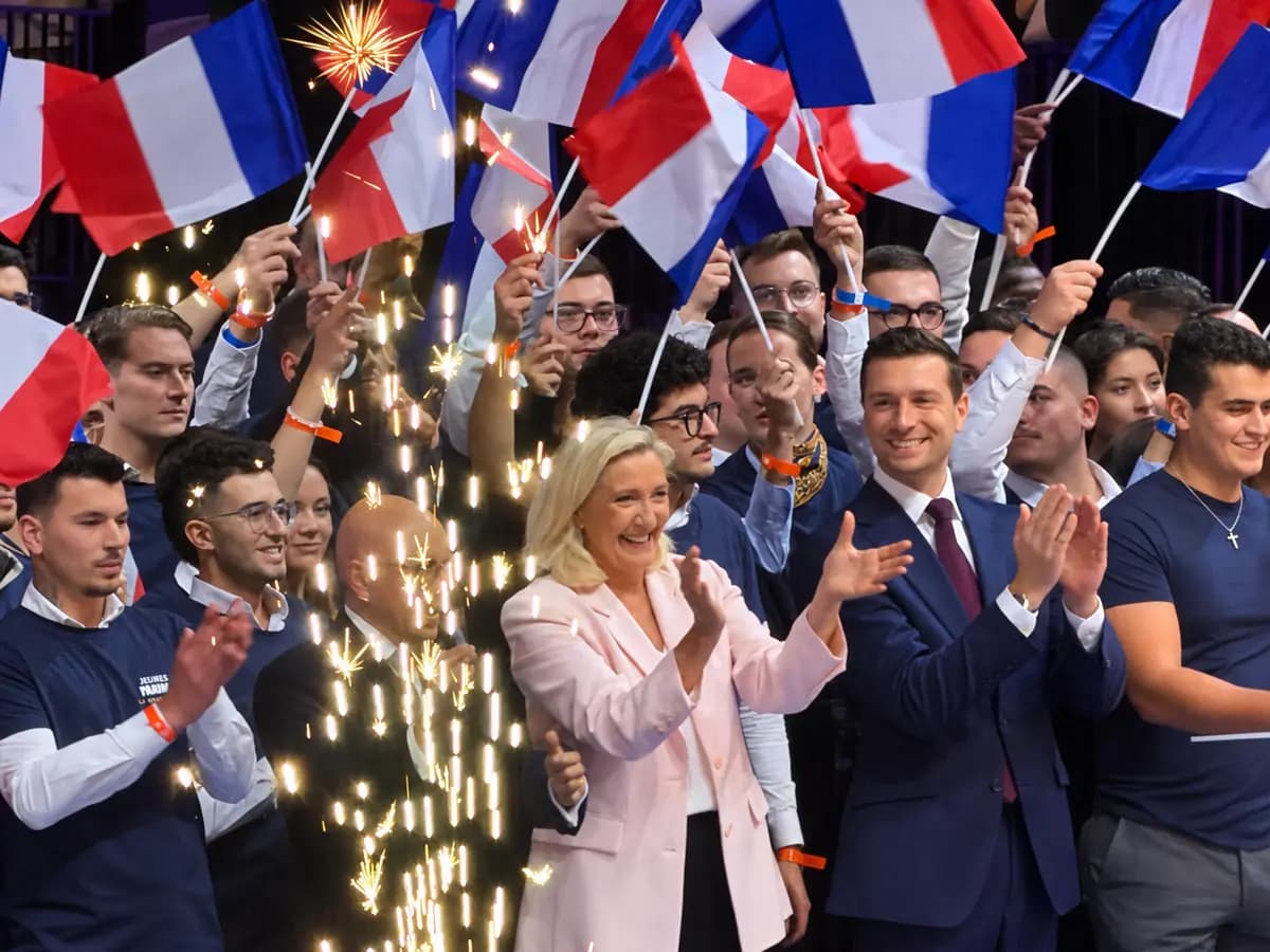 Marine Le Pen y el presidente de la Agrupación Nacional, Jordan Bardella, aplauden junto a simpatizantes que ondean banderas francesas durante el lanzamiento de la campaña presidencial de Le Pen para 2027 en Orléans, Francia, el 25 de octubre de 2026. (Etienne Fauchaire/The Epoch Times).