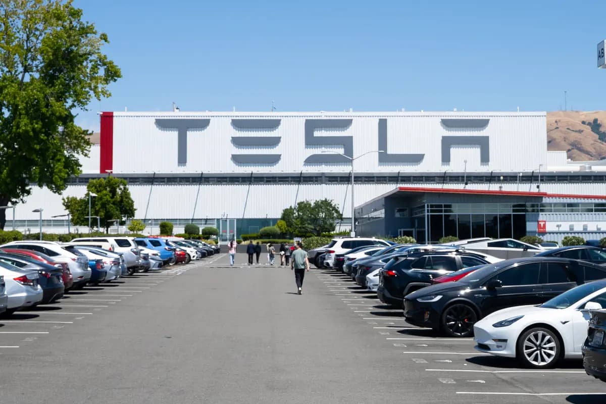 <em>Vehículos eléctricos y de gasolina estacionados en un estacionamientos de la fábrica de Tesla en Fremont, California, el 26 de julio de 2025. (Gary Wang/The Epoch Times).</em>