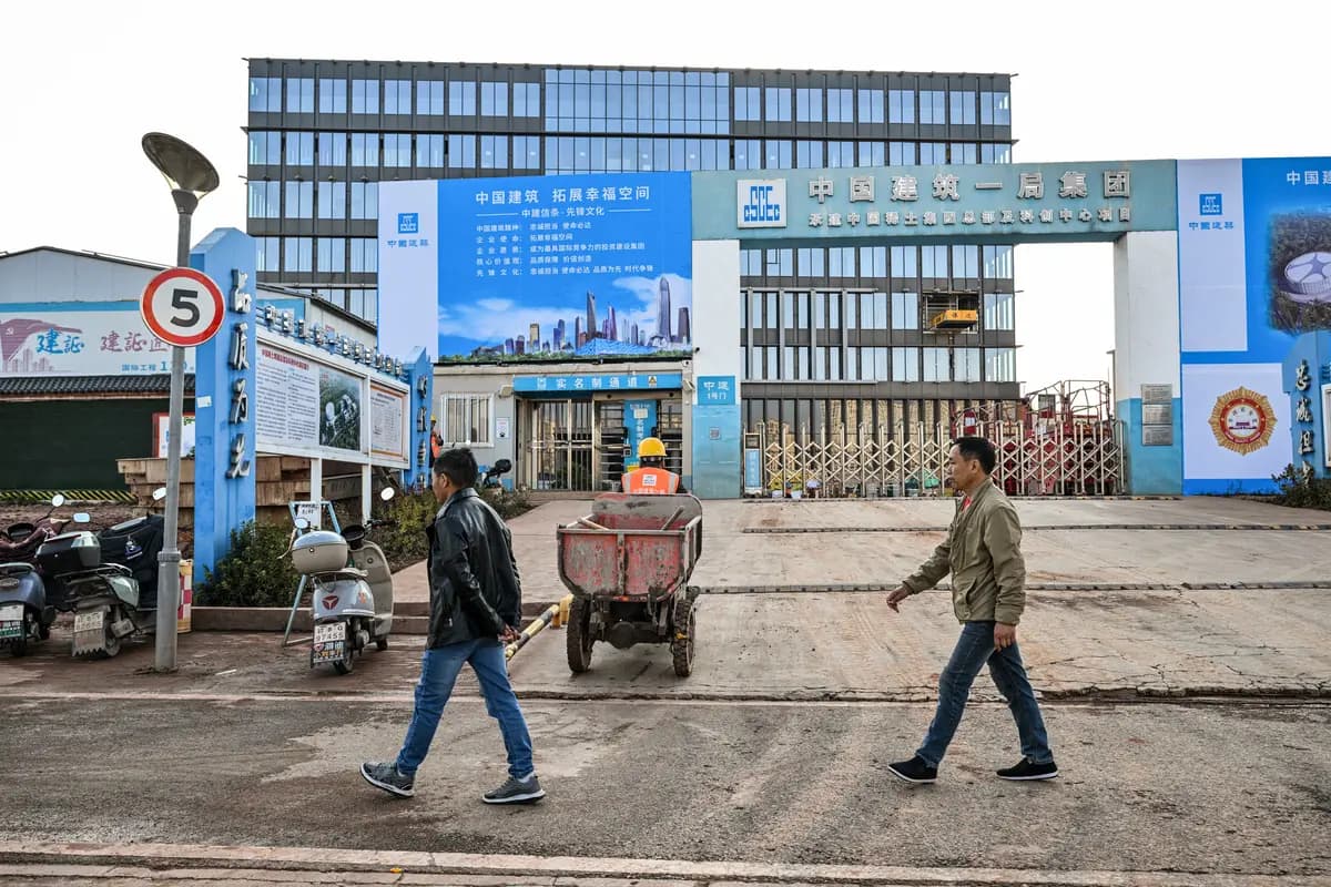 Trabajadores de la construcción en el sitio de la nueva sede del China Rare Earth Group en Ganzhou, en la provincia de Jiangxi, al este de China, el 21 de noviembre de 2025. La provincia alberga la mayoría de las minas de tierras raras de China, y estos materiales se utilizan en productos que van desde teléfonos inteligentes hasta tecnología de guía de misiles. (Héctor Retamal/AFP vía Getty Images).