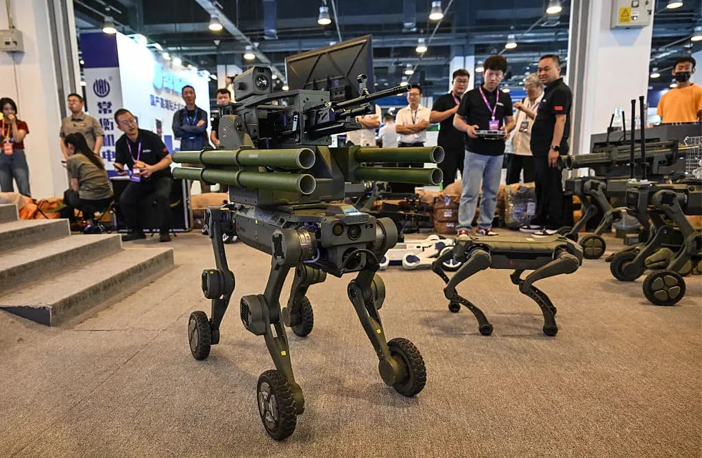El público observa perros robot diseñados para uso militar y policial, fabricados por la empresa Jushenzhiren, durante la 14.ª Exposición Internacional de Electrónica de Defensa de China (CIDEX), celebrada en Beijing el 15 de septiembre de 2026. (Adek Berry/AFP vía Getty Images)