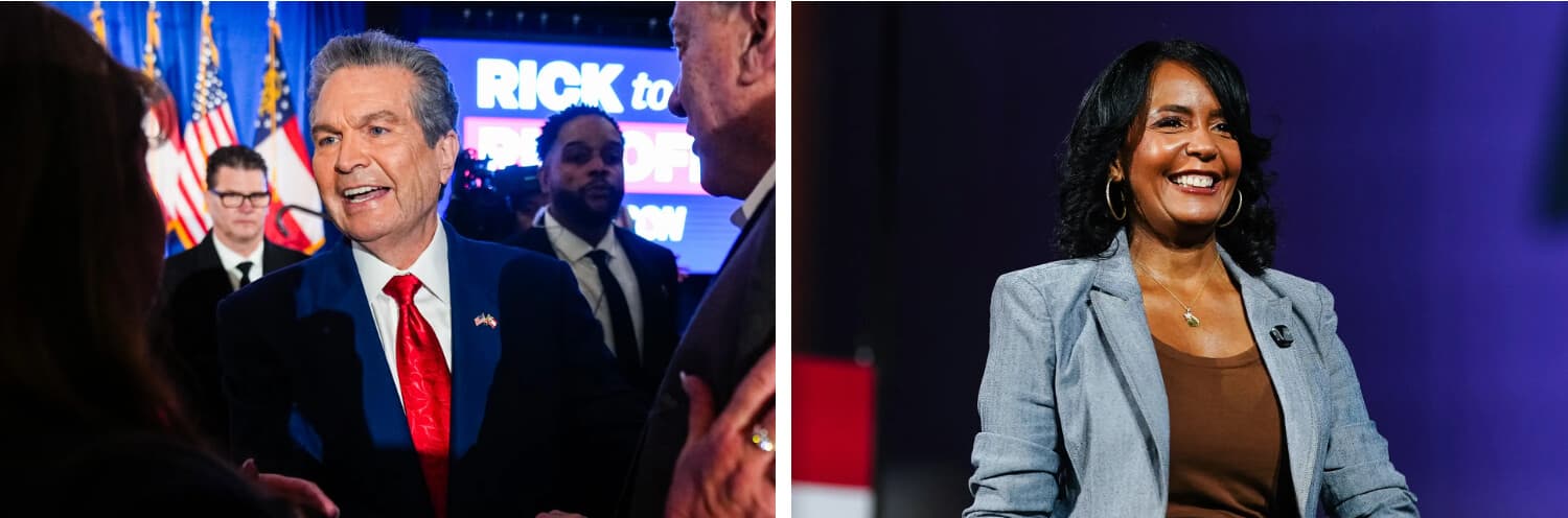 (Izquierda) El candidato republicano a gobernador, Rick Jackson, saluda a los asistentes a una fiesta para seguir los resultados de las elecciones primarias en Atlanta el 19 de mayo de 2026. (Derecha) La candidata demócrata a gobernadora, Keisha Lance Bottoms, sube al escenario en un acto de campaña en Marietta, Georgia, el 17 de octubre de 2026. (Elijah Nouvelage/Getty Images).