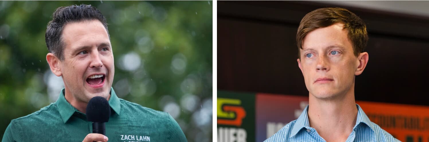 (Izquierda) El candidato republicano a gobernador, Zach Lahn, se dirige a los asistentes a la Feria Estatal de Iowa en Des Moines, Iowa, el 14 de agosto de 2026. (Derecha) El candidato demócrata a gobernador, el auditor estatal de Iowa, Rob Sand, habla durante un acto de campaña en la Asociación de Educación del Estado de Iowa en Des Moines, Iowa, el 8 de octubre de 2026. (Scott Olson/Getty Images).