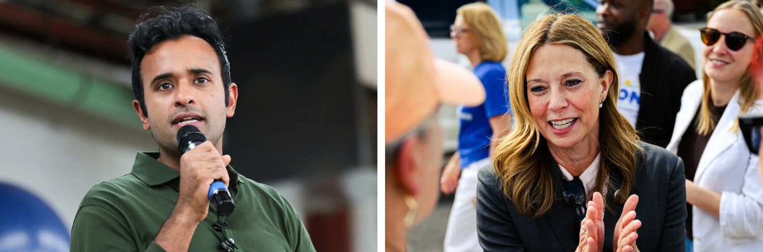 (Izquierda) El candidato republicano a gobernador, Vivek Ramaswamy, habla durante la barbacoa del Partido Republicano del Condado de Darke en Greenville, Ohio, el 18 de octubre de 2026. (Derecha) La candidata demócrata a gobernadora, Dra. Amy Acton, exdirectora del Departamento de Salud de Ohio, habla durante un mitin en Cincinnati el 28 de abril de 2026. (Michael M. Santiago/Getty Images, Jon Cherry/Getty Images).