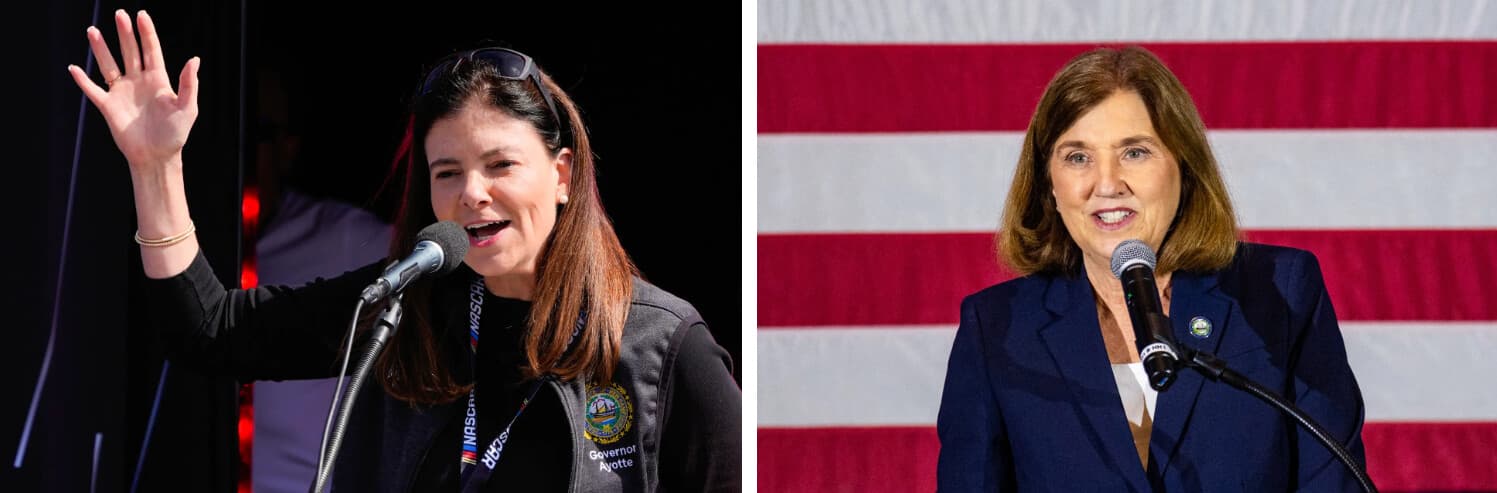 (Izquierda) La gobernadora de Nuevo Hampshire, Kelly Ayotte, habla en el New Hampshire Motor Speedway en Loudon, NH, el 21 de septiembre de 2025. (Derecha) La candidata demócrata a gobernadora, Cinde Warmington, habla en la Cena Eleanor Roosevelt 2026 en Concord, NH, el 3 de octubre de 2026. (Charles Krupa/AP Photo, Joseph Prezioso/AFP vía Getty Images).