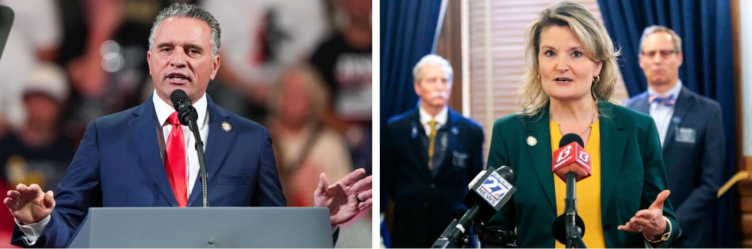 (Izquierda) El senador estatal de Kansas, Ty Masterson, candidato republicano a gobernador del estado, habla antes del presidente Donald Trump en un mitin de campaña en Park City, Kansas, el 19 de octubre de 2026. (Derecha) La senadora estatal de Kansas, Cindy Holscher, candidata demócrata a gobernadora del estado, habla durante una conferencia de prensa en el Capitolio estatal en Topeka, Kansas, el 12 de enero de 2023. (Charlie Riedel/AP Photo, John Hanna/AP Photo).