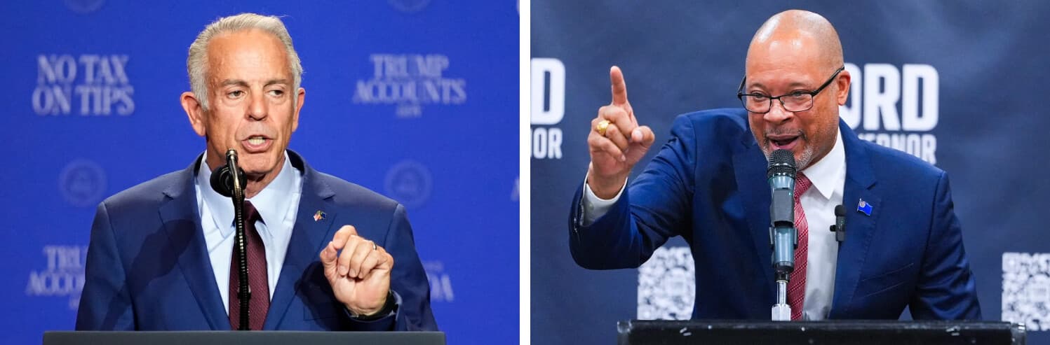 (Izquierda) El gobernador de Nevada, Joe Lombardo, habla ante el presidente Donald Trump en un evento en el Red Rock Resort de Las Vegas el 5 de agosto de 2026. (Derecha) El fiscal general de Nevada, Aaron Ford, candidato demócrata a gobernador del estado, habla durante una fiesta para seguir los resultados de las elecciones primarias en Las Vegas el 9 de junio de 2026. (John Locher/AP Photo, Jae C. Hong, AP Photo/Archivo).