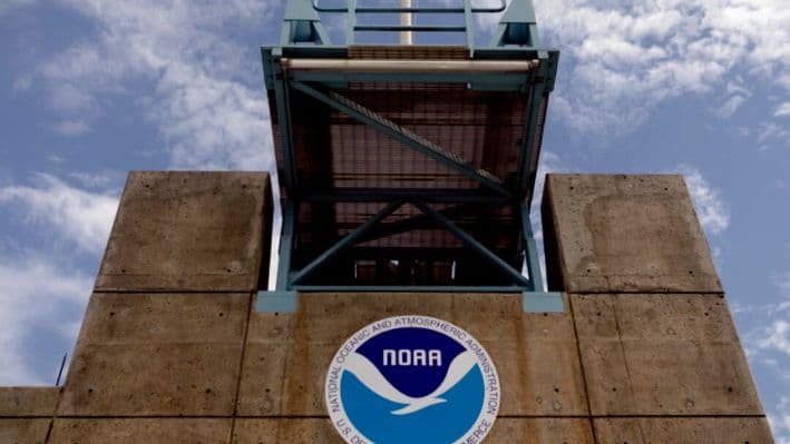 El logotipo de la Administración Nacional Oceánica y Atmosférica (NOAA) en el Centro Nacional de Huracanes en Miami, Florida, el 29 de agosto de 2019. (Eva Marie Uzcategui/Getty Images)