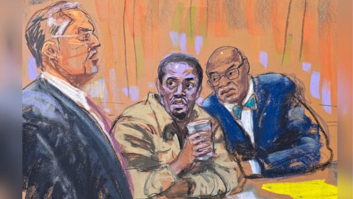 Sean "Diddy" Combs asiste a una conferencia previa al juicio en su caso de tráfico sexual con sus abogados Marc Agnifilo y Anthony Ricco en Nueva York el 18 de diciembre de 2024 en este boceto de la sala de la corte. (Jane Rosenberg/Reuters)