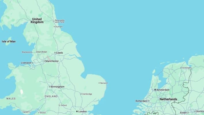 Mapa que muestra el Mar del Norte, donde dos barcos chocaron frente a la costa de Hull, a unas 155 millas al norte de Londres. (Google Maps/Captura de pantalla a través de The Epoch Times)