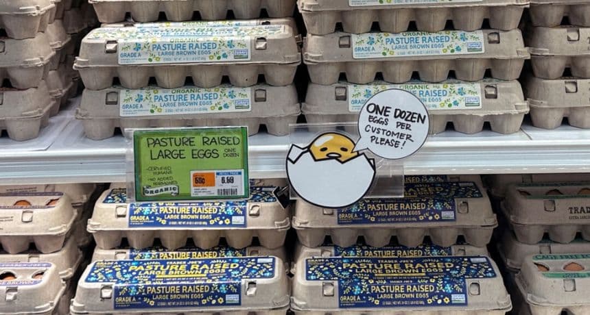Un letrero para los clientes que compran huevos en Trader Joe's cuelga junto a las cajas en Merrick, Nueva York, el 16 de febrero de 2025. (Shannon Stapleton/Reuters)
