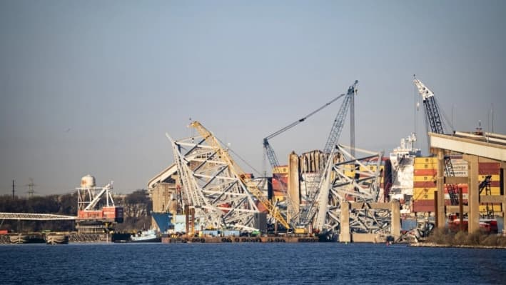 El puente Francis Scott Key en Baltimore, Maryland, que se derrumbó tras ser impactado por un buque portacontenedores, el 5 de abril de 2024. (Madalina Vasiliu/The Epoch Times)