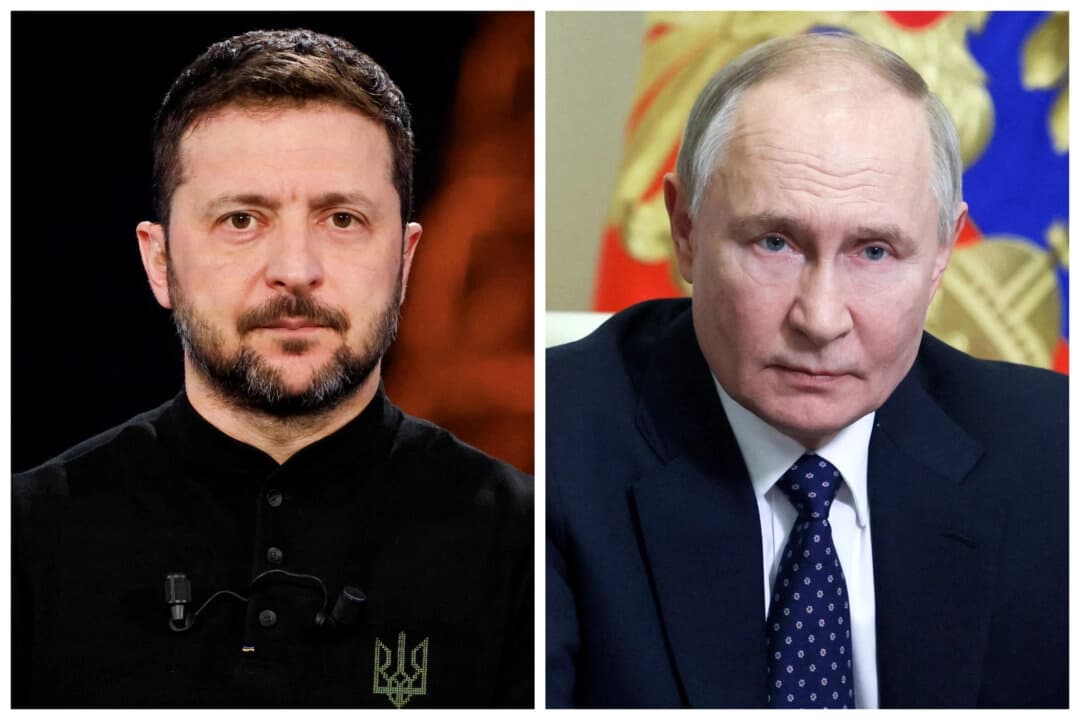 (Izquierda) El presidente de Ucrania, Volodímir Zelenski, en el Museo del Hombre de París el 26 de marzo de 2025. (Derecha) El presidente ruso, Vladimir Putin, en la residencia estatal de Novo-Ogaryovo, a las afueras de Moscú, el 14 de marzo de 2025. (Ludovic Marin, Aleksey Babushkin/AFP a través de Getty Images)