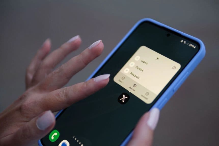 Una mujer sostiene un teléfono con la aplicación X el 11 de agosto de 2024. (Oleksii Pydsosonnii/The Epoch Times)