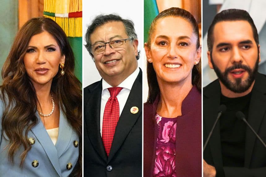 De izq. a der. Kristi Noem, (Alex Brandon-Pool/Getty Images), Gustavo Prieto (STEFAN ROUSSEAU/POOL/AFP via Getty Images)Claudia Sheinbaum (Alex Brandon-Pool/Getty Images), Nayib Bukele (Alex Peña/Getty Images).