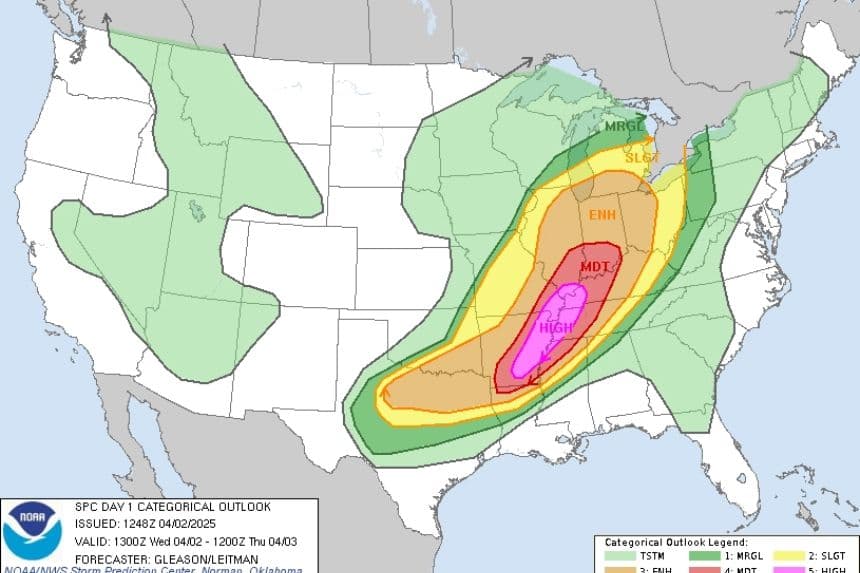 El Centro de Predicción de Tormentas del Servicio Meteorológico Nacional emitió una rara alerta 5/5 por la posibilidad de tornados dañinos para el área en rosa, con riesgos más moderados en naranja y amarillo, el 2 de abril de 2025. (Centro de Predicción de Tormentas de la NOAA)