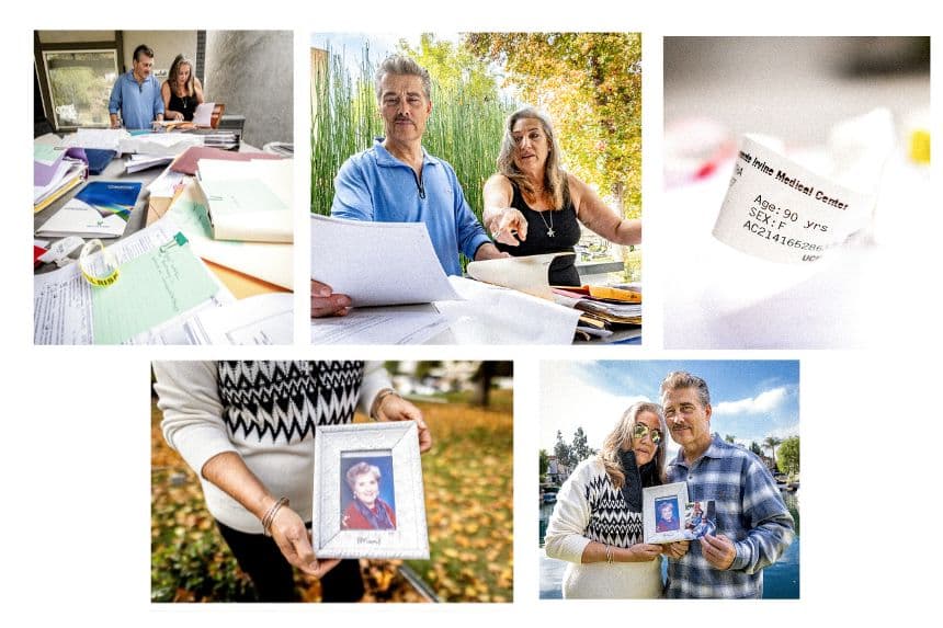 Mark y Sandi Cobianchi examinan archivos y fotografías obtenidos durante la última década que detallan el abuso de ancianos relacionado con la madre de Sandi Cobianchi, en Lake Forest, California, el 27 de noviembre de 2024. (John Fredricks/The Epoch Times)