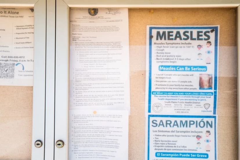 Aviso sobre el sarampión en un tablón de anuncios fuera del juzgado del condado de Gaines en Seminole, Texas, el 9 de abril de 2025. (Brandon Bell/Getty Images)