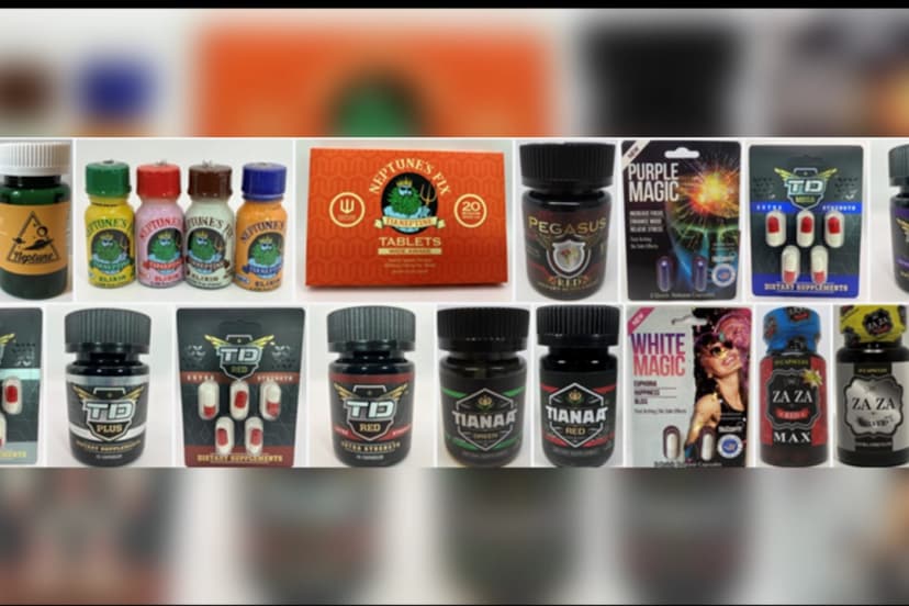 Una imagen publicada por la FDA muestra frascos que contienen tianeptina, algo a lo que la agencia se refiere como "heroína de las gasolineras". (FDA)