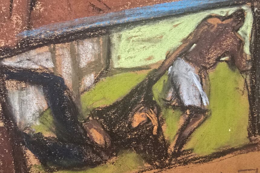 Se muestra un video de un hotel en el que la fiscal Christy Slavik interroga a Israel Florez, un antiguo guardia de seguridad, en el juicio por tráfico sexual contra Sean "Diddy" Combs, celebrado en Nueva York el 12 de mayo de 2025, en este boceto de la sala de la corte. (Jane Rosenberg/Reuters).