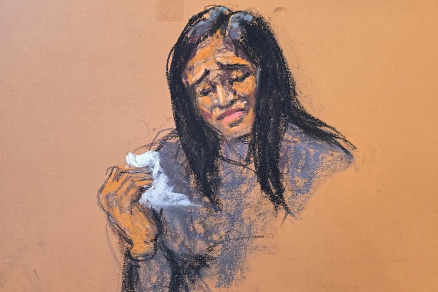 Casandra "Cassie" Ventura reacciona al final de su testimonio directo durante el juicio por tráfico sexual contra Sean "Diddy" Combs en la ciudad de Nueva York el 14 de mayo de 2025, en este boceto de la sala de la corte. (Jane Rosenberg/Reuters).