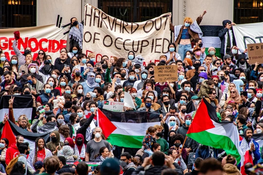 Manifestantes sostienen carteles en apoyo a la «resistencia» palestina durante una concentración en la Universidad de Harvard en Cambridge, Massachusetts, el 14 de octubre de 2023. (Joseph Prezioso/AFP a través de Getty Images)