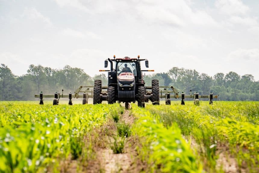 Un tractor cultiva un campo de maíz en Mencer Farms, en Lake Village, Arkansas, el 29 de abril de 2025. (Samira Bouaou/The Epoch Times)