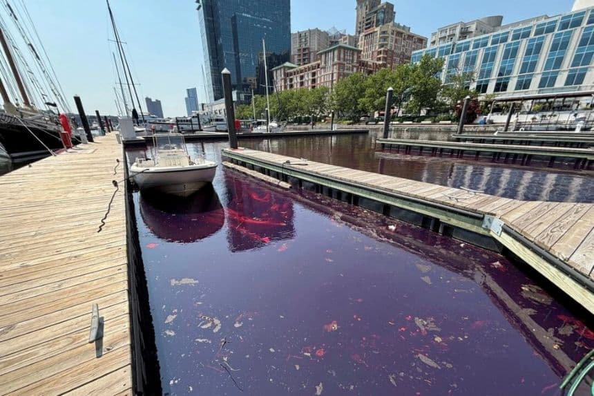 Un barco está amarrado en un puerto deportivo donde el agua se tiñó de rojo debido al colorante del combustible diésel, tras un vertido de 2000 galones de diésel que se originó en un centro hospitalario, según informaron las autoridades estadounidenses en Baltimore el 4 de junio de 2025. (Departamento de Medio Ambiente de Maryland/Documentación facilitada por Reuters)