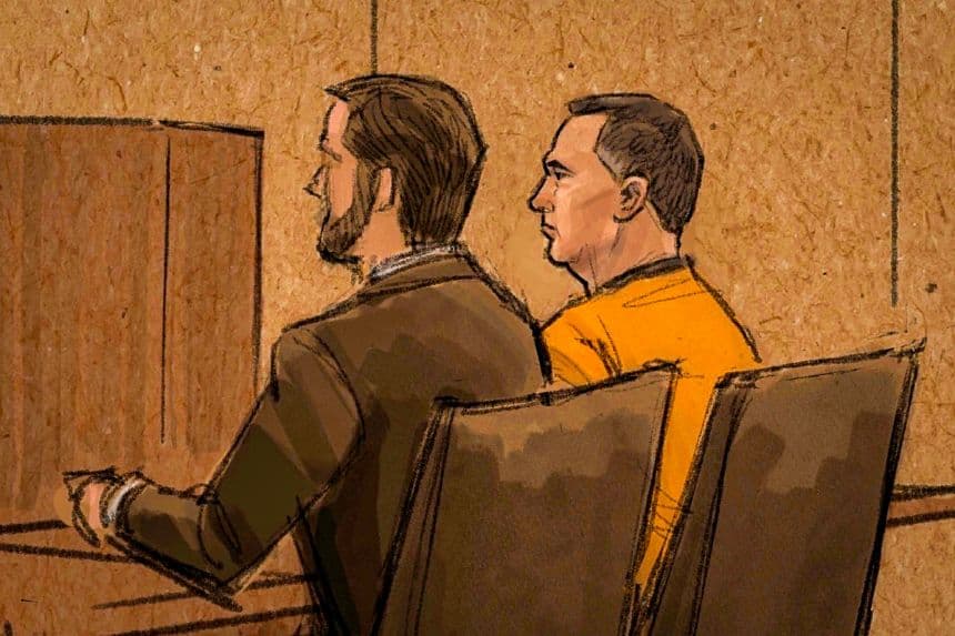 En este boceto de la corte, Vance Boelter (derecha), acusado de matar a una legisladora de Minnesota y a su marido, así como de herir a otro legislador y a su esposa, aparece en una audiencia federal en St. Paul, Minnesota, el 16 de junio de 2025. El gobernador de Minnesota, Tim Walz, calificó el tiroteo como «un asesinato por motivos políticos». (Cedric Hohnstadt vía AP)