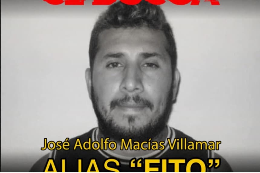 Un cartel de "Se busca" muestra a José Adolfo Macías Villamar, alias Fito, presunto líder de la banda Los Choneros. (Ministerio del Interior de Ecuador a través de AP).