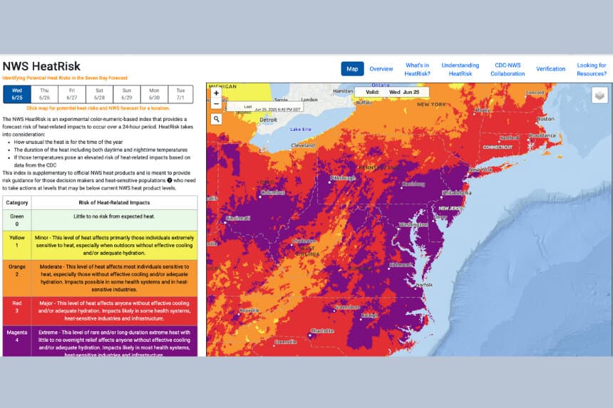 Índice de riesgo por calor del Servicio Meteorológico Nacional para la región del Atlántico Medio y el valle de Ohio el 25 de junio de 2025. (Captura de pantalla/NWS).