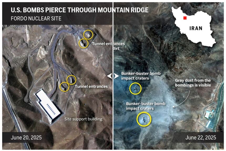 La imagen superior es un fotograma de un control deslizante interactivo que compara las instalaciones nucleares de Fordo, en Irán, antes y después del bombardeo estadounidense. Gráfico de AP.