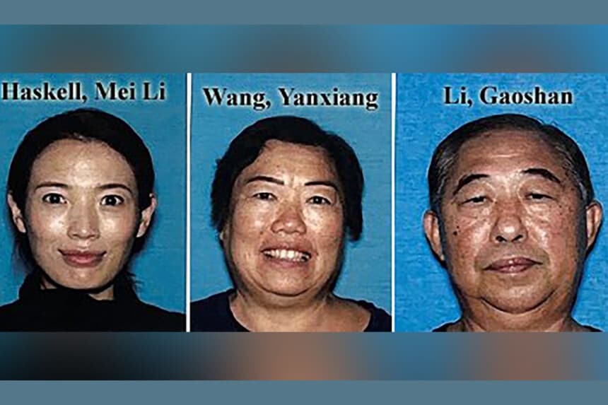 Mei Haskell (izquierda) y sus padres, YanXiang Wang y Gaoshan Li. (Departamento de Policía de Los Ángeles a través de AP).