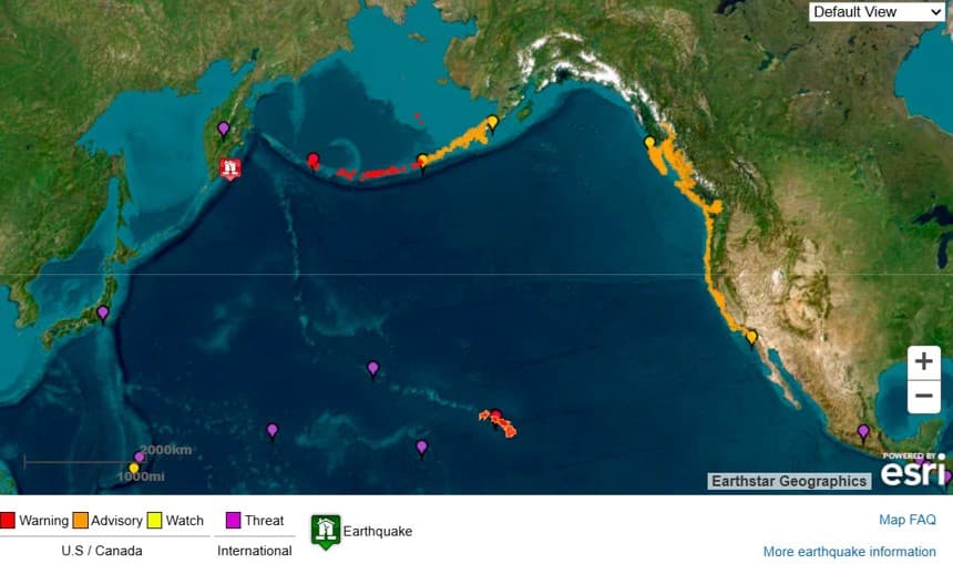 Imagen cedida por el Servicio Meteorológico Nacional (NOAA) de los Estados Unidos y su Sistema de Alerta de Tsunamis que muestra el punto origen del terremoto de magnitud 8,8 este martes, en la península rusa de Kamchatka (Rusia) y las posibles áreas de impacto de tsunami. (EFE/ NOAA)