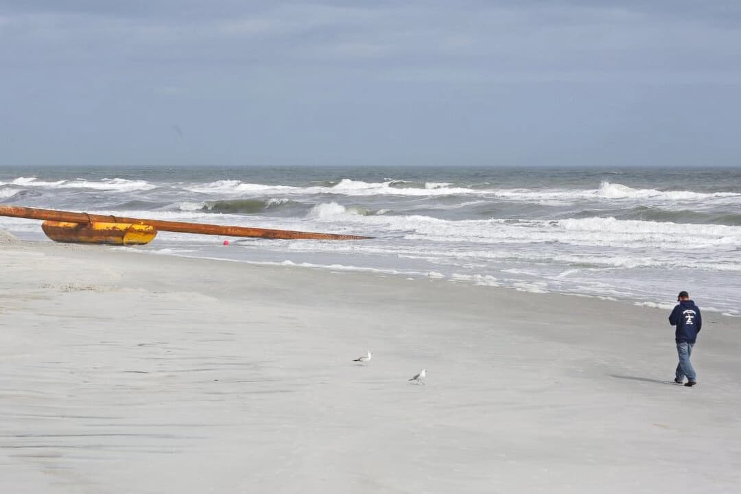 Un solitario buscador de tesoros y un par de gaviotas caminan cerca de una draga en un día ventoso en la playa de St. Augustine, en la costa atlántica de Florida, el 26 de enero de 2018. (Gregg Newton /Reuters)