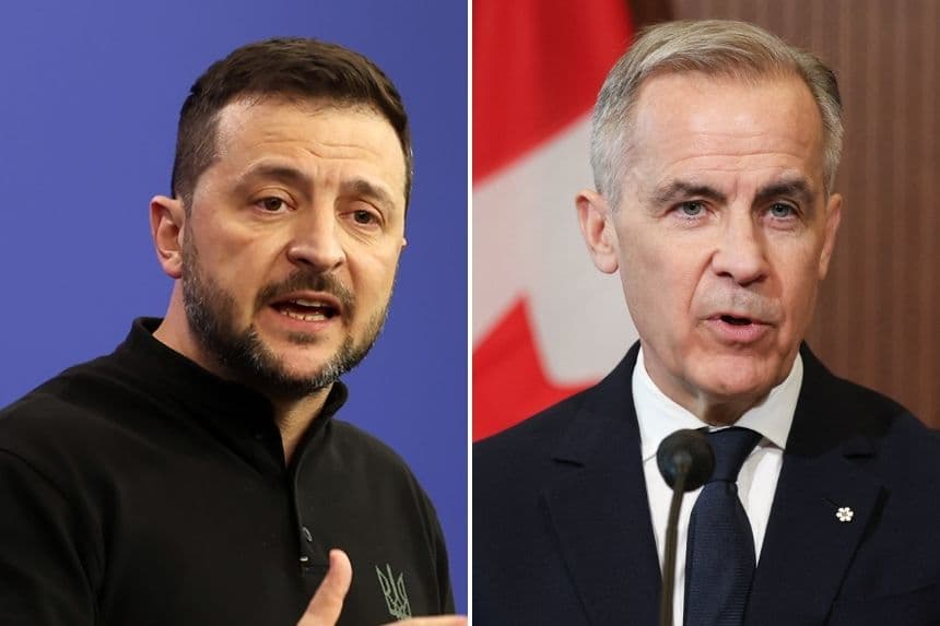 Izq. Presidente de Ucrania Volodímir Zelenski (Janos Kummer/Getty Images). Der. Primer Ministro de Canadá Mark Carney (DAVE CHAN/AFP via Getty Images)
