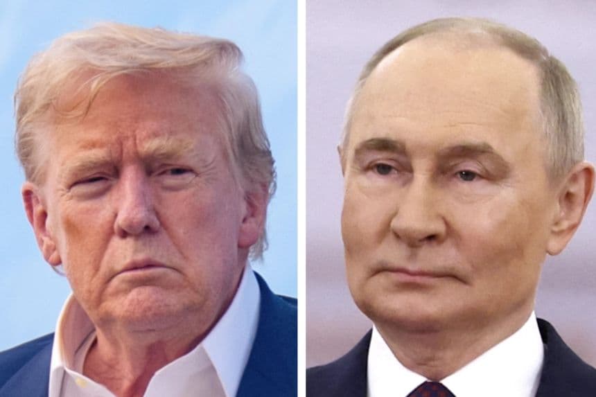 (Izquierda) El presidente de EE.UU., Donald Trump, en la Base Aérea Andrews, Maryland, el 29 de julio de 2025. (Derecha) El presidente ruso Vladimir Putin en el Kremlin de Moscú, el 8 de mayo de 2025. (Andrew Harnik/Getty Images; Evgenia Novozhenina/Pool/AFP vía Getty Images)