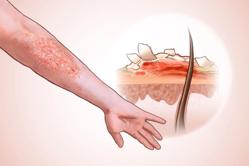 (La psoriasis es una enfermedad autoinmune crónica que causa parches inflamados y escamosos en la piel. Ilustración de The Epoch Times, Shutterstock)