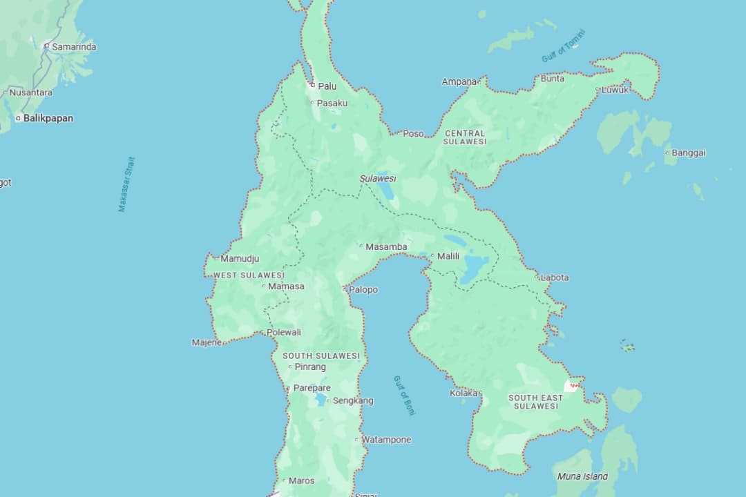 El mapa de Google muestra la ubicación de la isla de Sulawesi, en Indonesia, el 26 de marzo de 2025. (Google Maps/Captura de pantalla vía The Epoch Times)