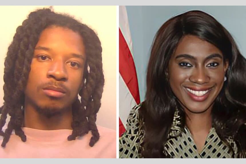 (Izquierda) Rashid Ali Bynum, de Portsmouth, Virginia, en una foto policial. (Derecha) La concejala republicana de Nueva Jersey Eunice Dwumfour. (Oficina del fiscal del condado de Middlesex a través de AP; Ayuntamiento de Sayreville a través de AP).