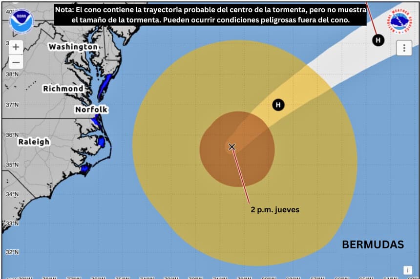 Un gráfico del alcance de los vientos con fuerza de huracán y los vientos con fuerza de tormenta tropical del huracán Erin entre las Bermudas y los Estados Unidos a partir de las 2 p.m. ET del 21 de agosto de 2025. (NHC/NOAA).