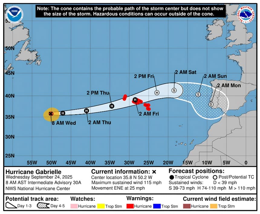 Imagen cedida este miércoles por la Oficina Nacional de Administración Oceánica y Atmosférica de Estados Unidos (NOAA), a través del Centro Nacional de Huracanes (NHC), donde se muestra el pronóstico de cinco días de la trayectoria del huracán Gabrielle en el Atlántico.( EFE/ NOAA-NHC)