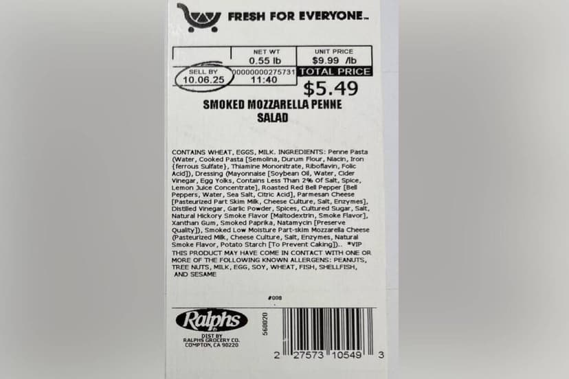 Imagen de la etiqueta del bol de ensalada de pasta retirado de la venta en Kroger. (Cortesía de la FDA)